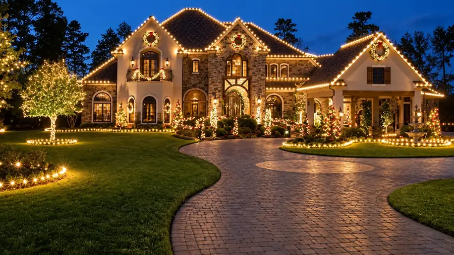 Estate home with warm white roofline lighting, wreaths, and lit walkway
