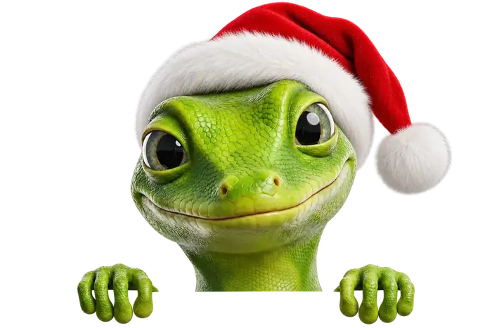 Novo's mascot in a Santa hat peeking