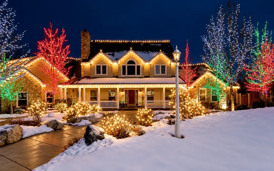 Home with warm white rooflines and color-lit trees in the snow